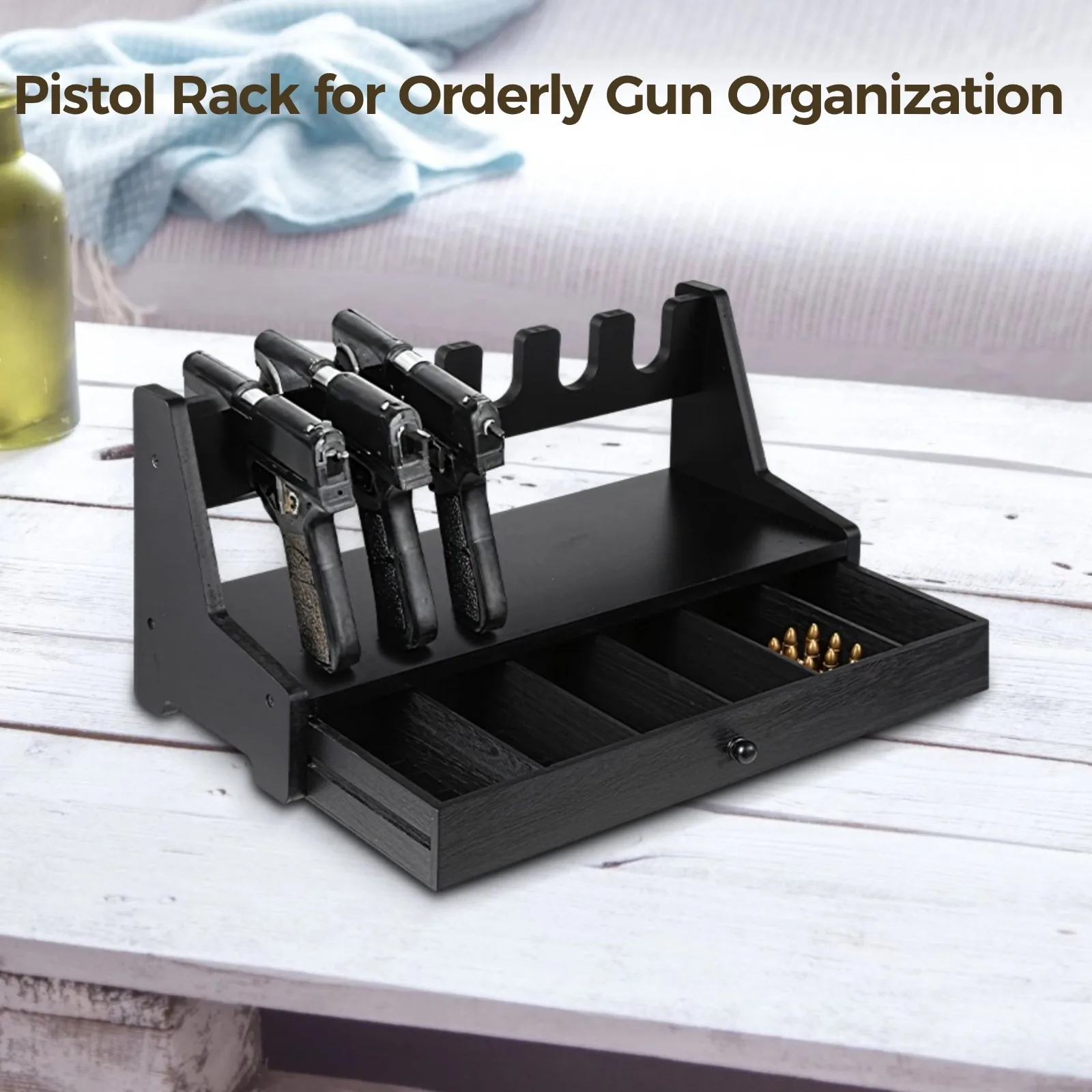 6-Slot Pistol Gun Rack With Drawer Real Wood Handgun Rack Holder Gun Cabinet Accessories Rustic Style Gun Rack Organizer Black