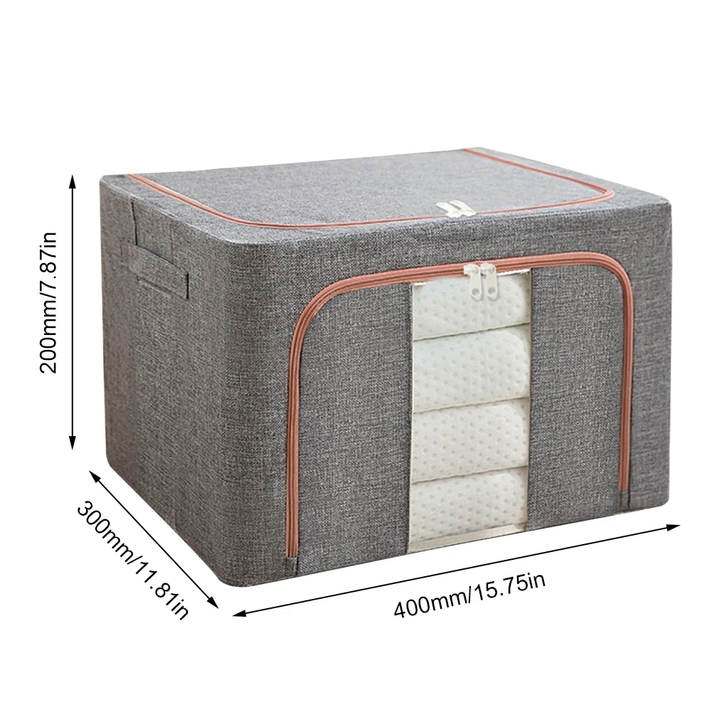 Storage Bags with Metal Frame Dustproof Storage Box Linen Quilt Blanket Closet Clothing Organizer with Zipper for Duvets Clothes