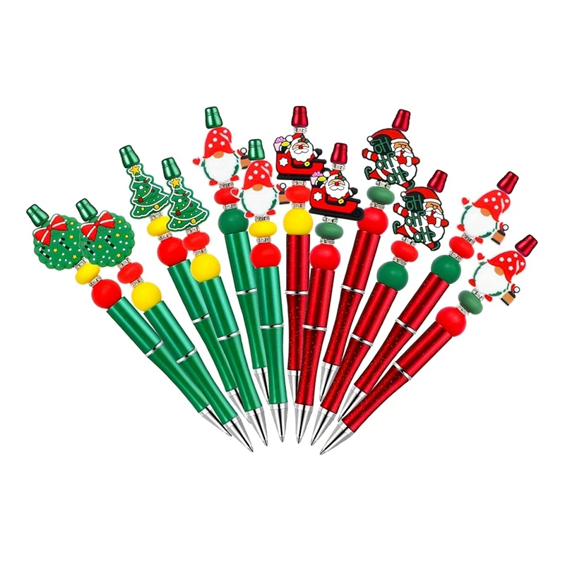 Bolígrafos navideños con cuentas, bolígrafos con cuentas con 12 espaciadores de silicona con forma de Papá Noel para suministros escolares y de oficina de Navidad