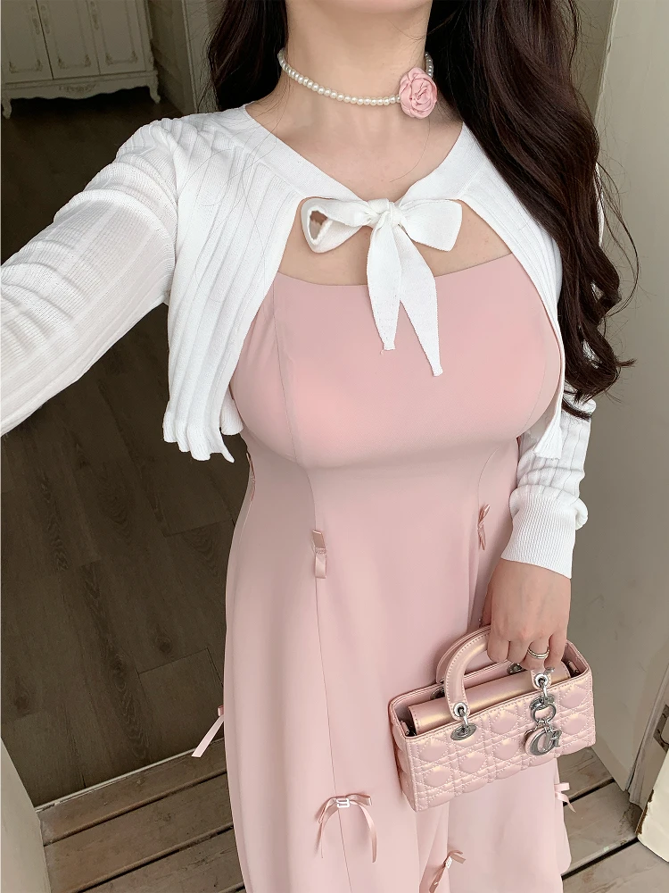 

Женский вязаный кардиган Zhou Bai Zi, летний, 2025, белый, больших размеров, с воротником, длинный рукав, полиэстер