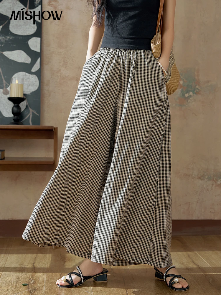 

MISHOW Retro Plaid Wide Leg Casual Pants 2024 Summer Female High Waist Straight Leg Pants Elastic Waist Long Pants MXD24K0676