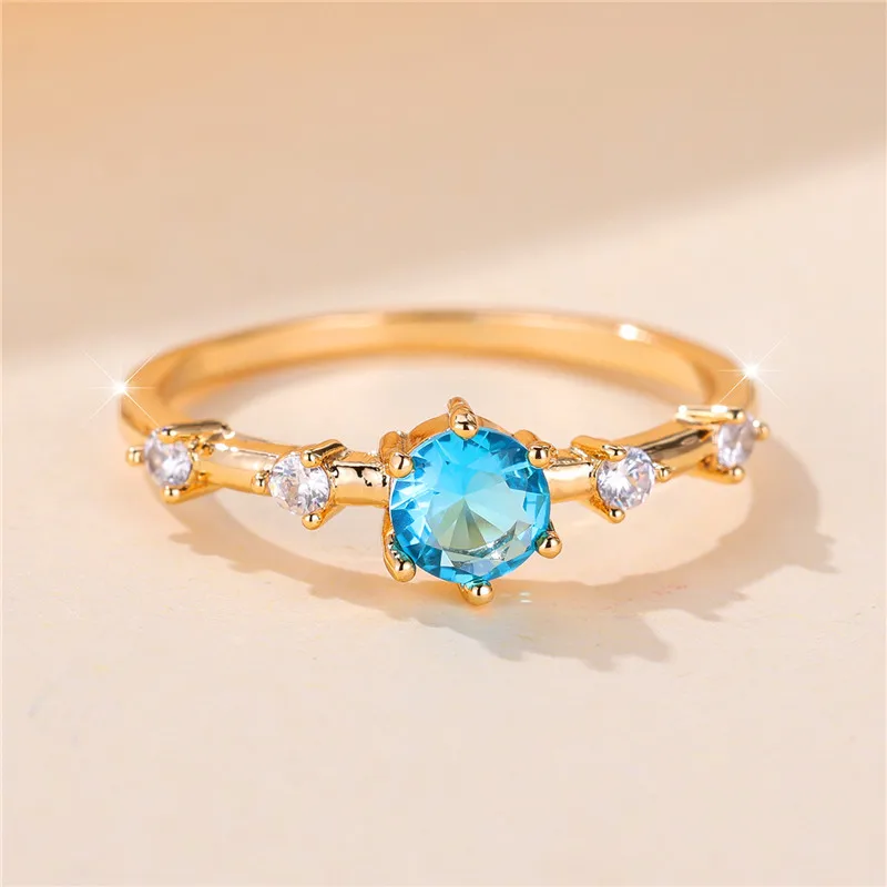 Luxus weibliche kleine blaue runde Zirkon Stein Verlobung sring trend ige Goldfarbe Braut Hochzeit Schmuck Geschenk für Frauen