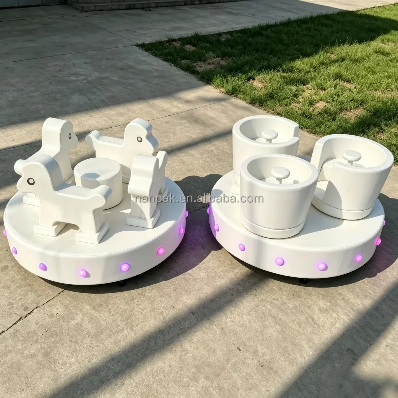 White Tea Cups Shape Merry Go Round & Carousel with Light Soft Play Equipment Kids Spinning Rides for Cafe Daycare Party Hire