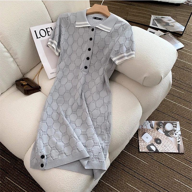 

2024 Spring Summer Lingge Button Polo Short Sleeve Dress Woman Preppy Style Light Blue Casual Mini Plaid Straight Dresses Female