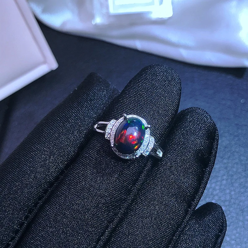 

925 Silver Inlaid Black Opal Ring Beautiful Fire Color Gemstone