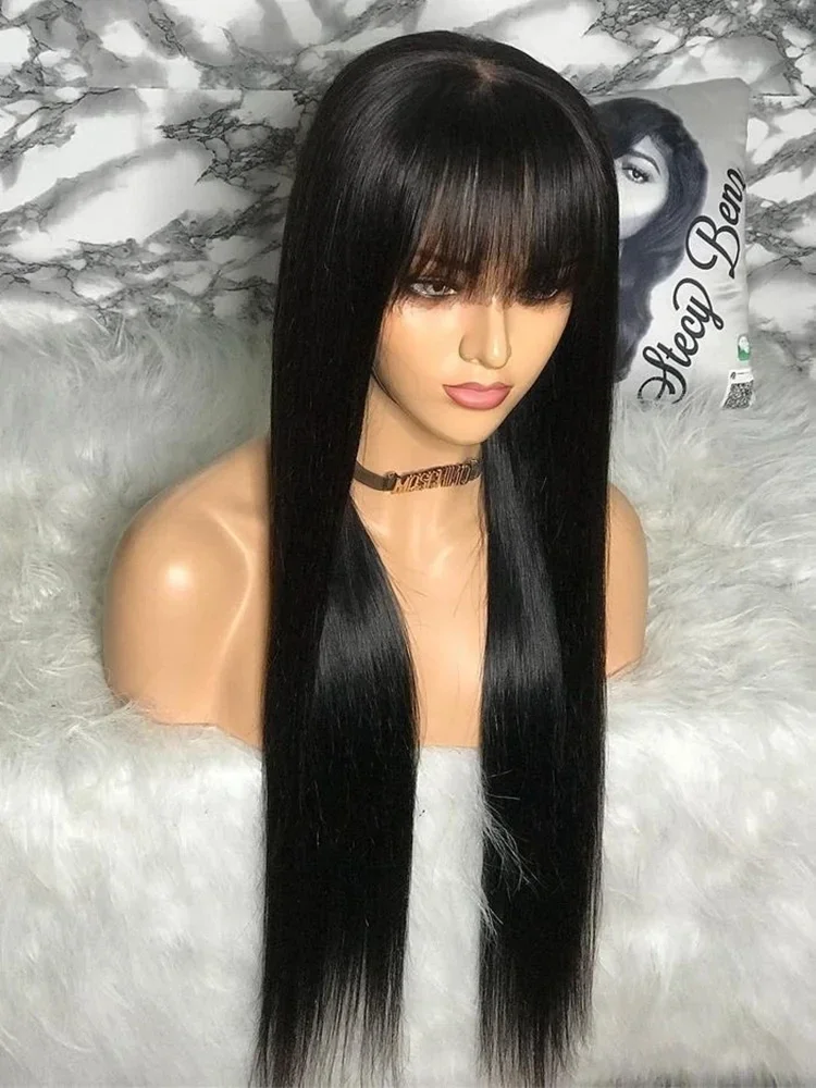 CORIIANA 30 34Inch Long Straight Human Hair Wig With Bangs For Women Cheap Brazilian Short Black Fringe Bob 100% Human Hair Wig image 2