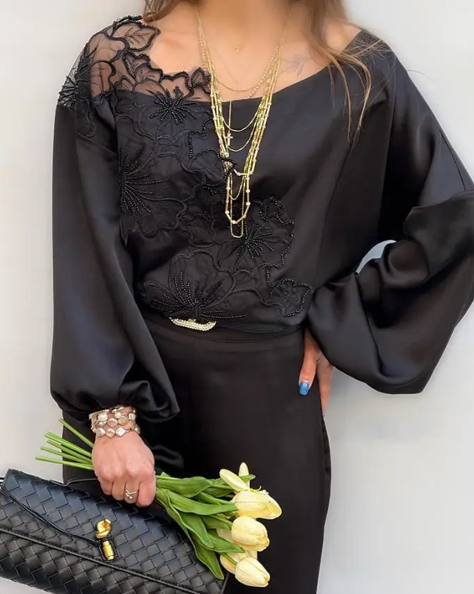 

New Fashion 2025 Sexy Asymmetrical Neck Cold Shoulder Lantern Sleeve Embroidery Blouse Casual Lace Patchwork Loose Top