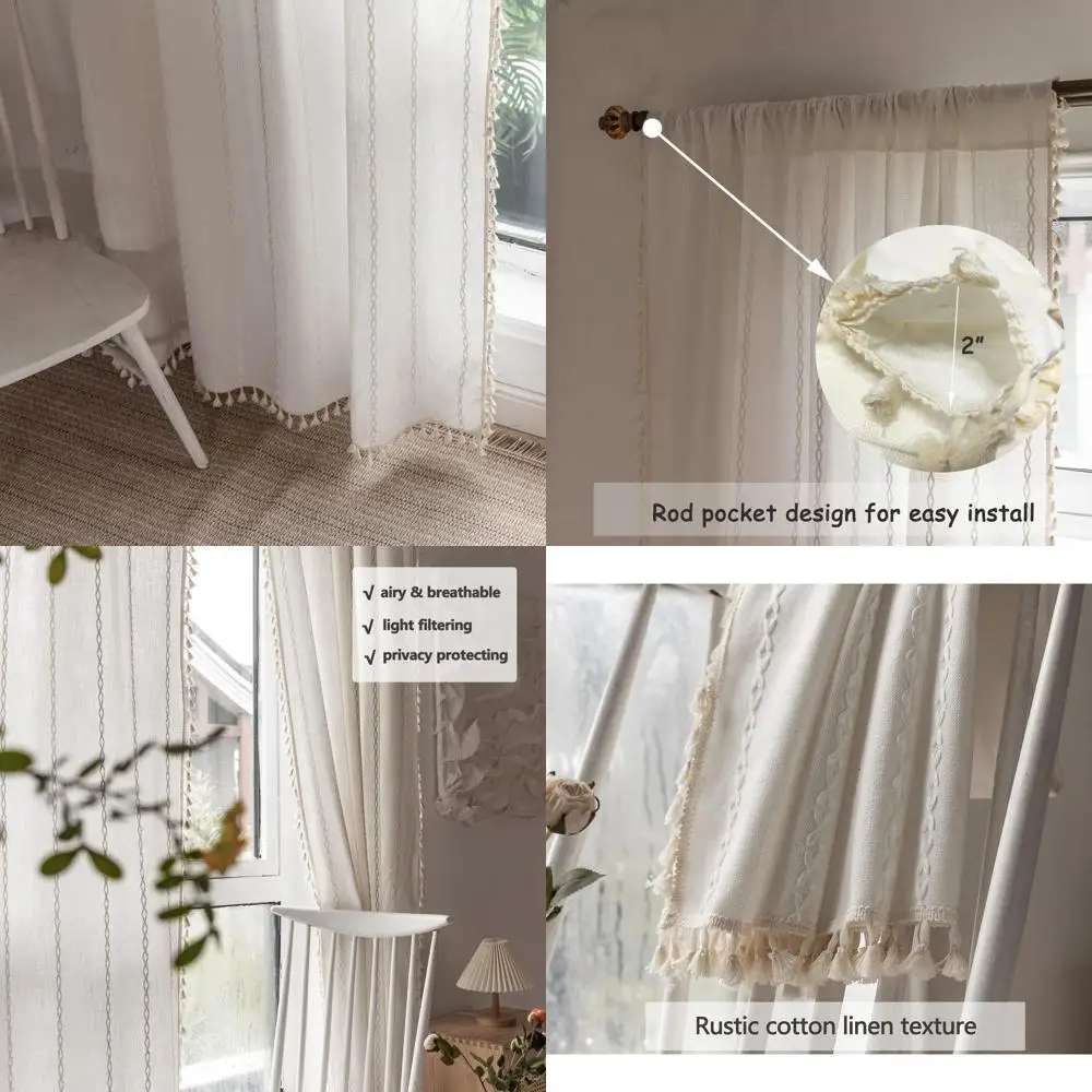 

Linen Tassel Boho Curtains, Semi-Blackout 84 for Living Room, Embroidered Farmhouse Style, 52W x 84L, Off-White