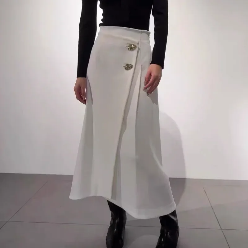 High Waist  A-line Ropa Mujer Japan Unique Golden Buckle Women 2025 Faldas Irregular Skirt Spring Fall New Skirts Elegant Falda