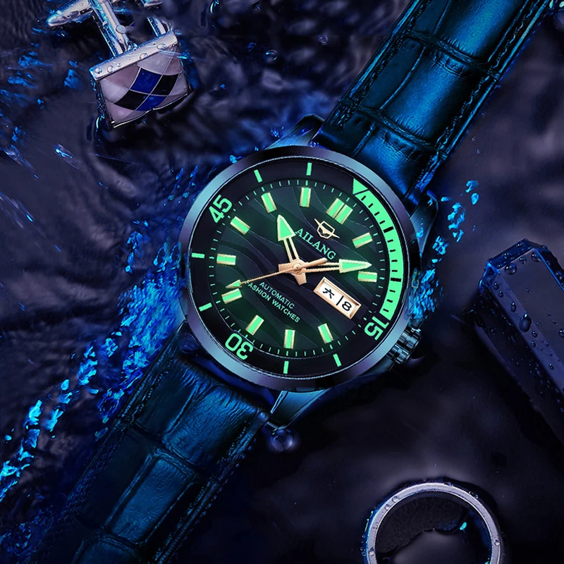 럭셔리 비즈니스 남성 손목시계 방수 발광 가죽 남성 시계 날짜 요일 스포츠 캐주얼 남성 기계식 시계