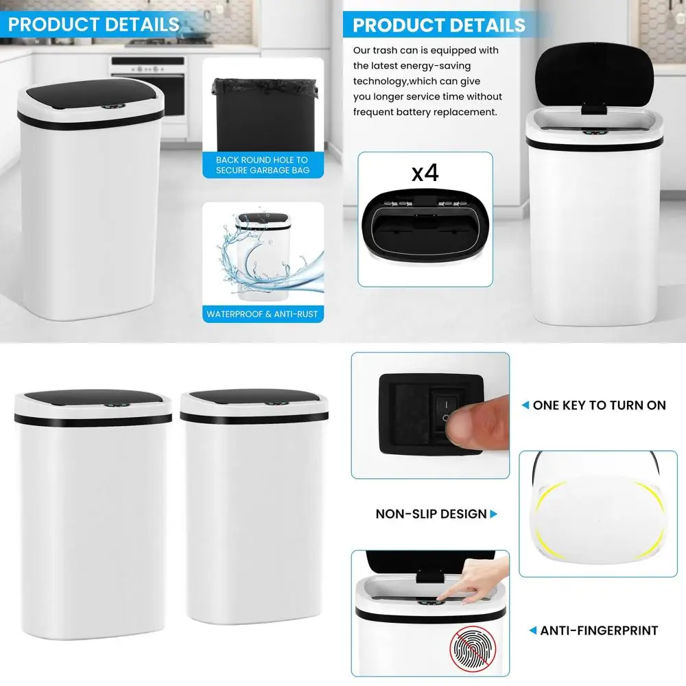 

Автоматическое бесконтактное мусорное ведро на 50 л с датчиком движения, идеально подходит для кухни, ванной комнаты и спальни (комплект из 2 шт., белый)