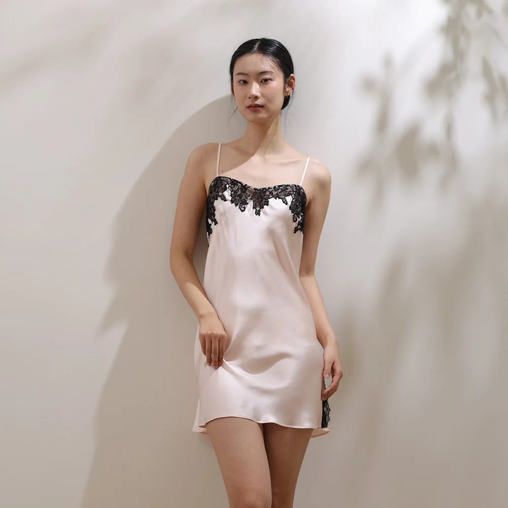 19MM 100% Pure Mulberry Silk Lace Trim Women's V Neck Slip Nightdress Sleepwear Solid Pajama Mini Dress Sexy Backless Nightgown