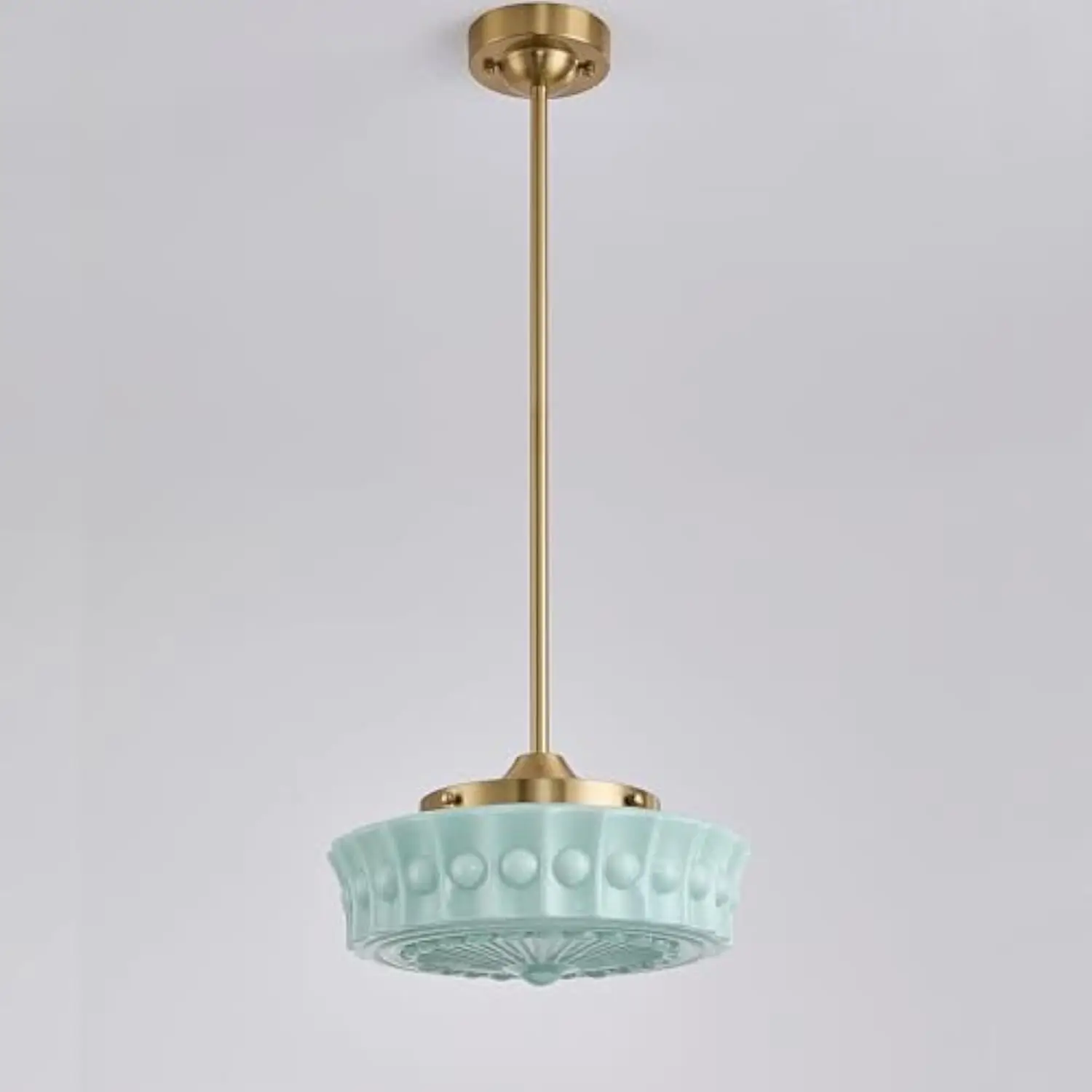 

Schoolhouse Pendant Fixtures, 14" Mid Century Modern Brass Gold Milk Green Glass Pendant Light, Adjustable Height, Vintage Ceil