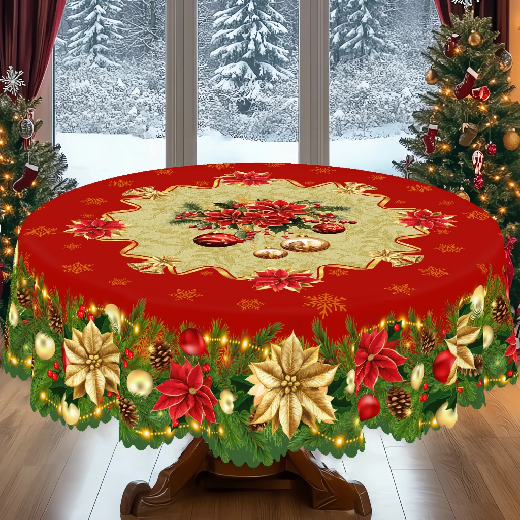 1 Piece of Christmas-Themed Round and Rectangular Tablecloth, Available in Various Sizes, Christmas and New Year Decorative Tablecloth, Featuring Red and Gold Poinsettias and Gold Bells, Christmas Tablecloth for Christmas Kitchen, Patio, and Garden Table Decoration, Suitable for Everyday Home Kitchen and Party Use, Ideal as a Housewarming Gift and Christmas Gift for Family and Friends