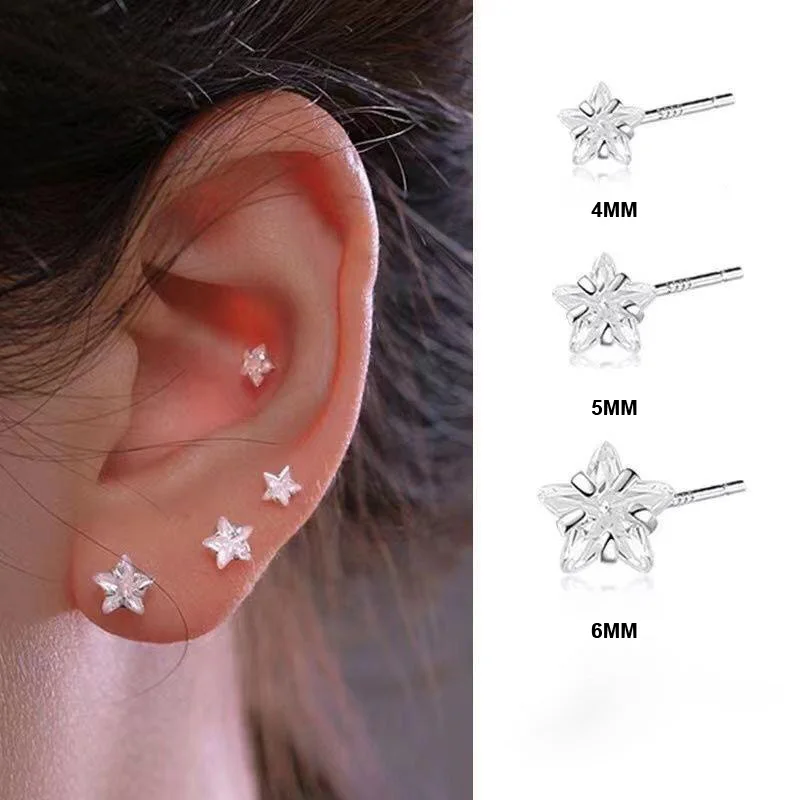 925 Sterling Silver Allergy Prevention Piercing Bone 4/5/6mm Zircon Star Mini Stud Earrings For Women Ear Hole Care Accessories