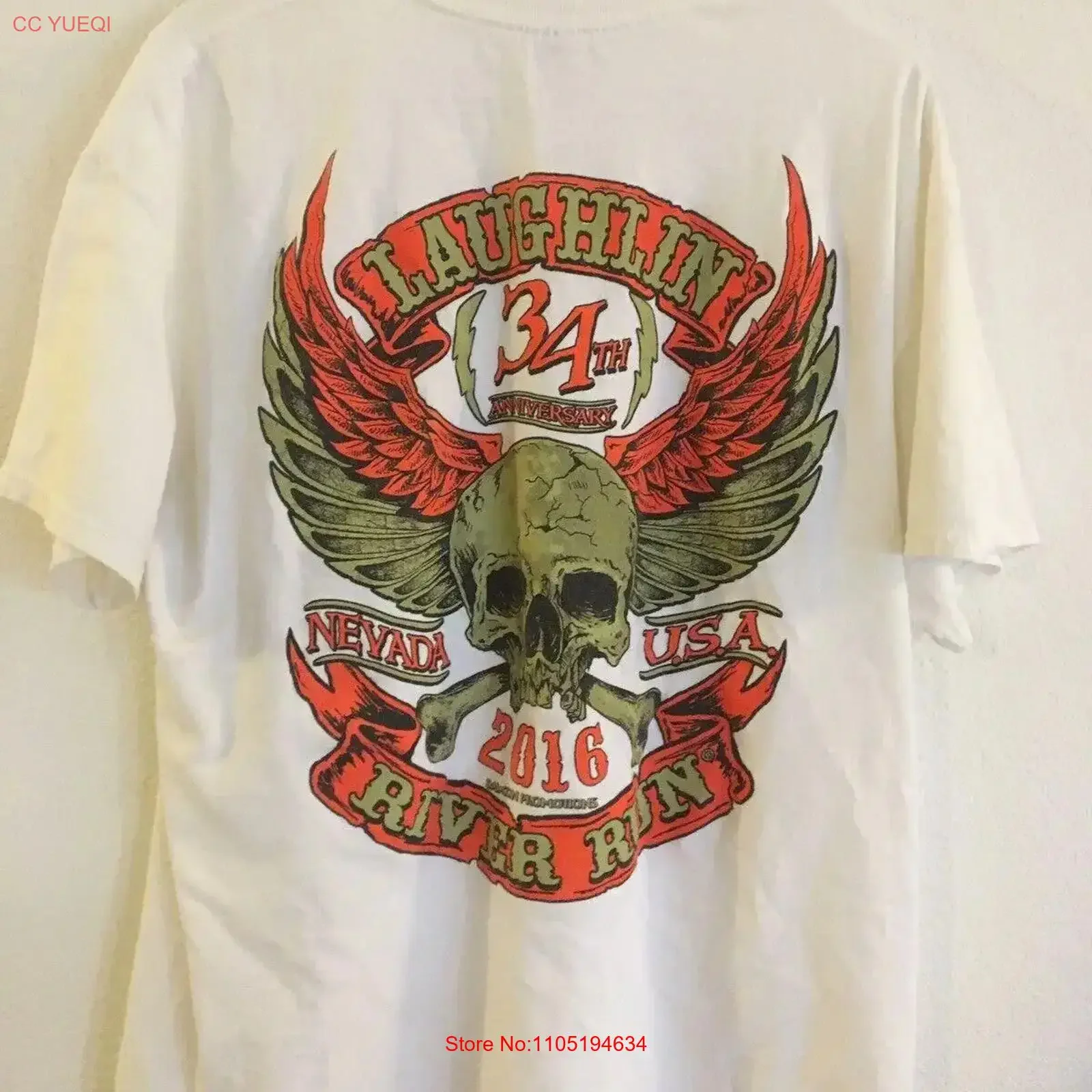 دراجة نارية بيضاء تي شيرت Sz XL Laughlin نيفادا U S A نهر تشغيل عظام الجمجمة خمر غسلها امتدت تنفس #1