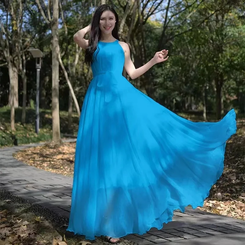 New Summer Chiffon Extra Long Large Swing Dress Women Solid Chiffon Beach Dress Summer Bohemian Maxi Dress Ladies Party Vestidos