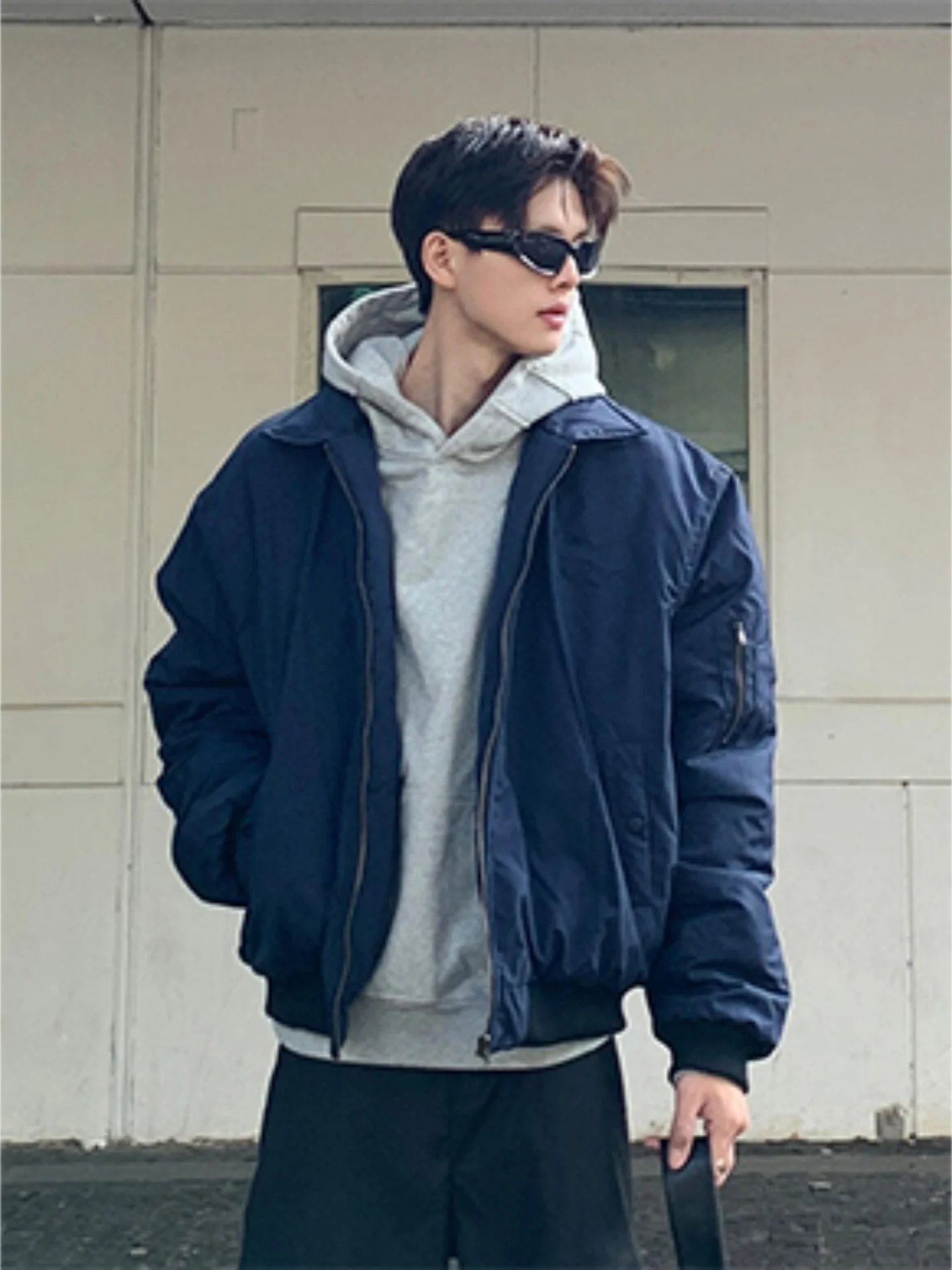 

Blue American Sle Bomber Jaet Men's Winter ort Cotton Coat Turn-down Collar Baseball Vest Warmth Daily Stand Fit