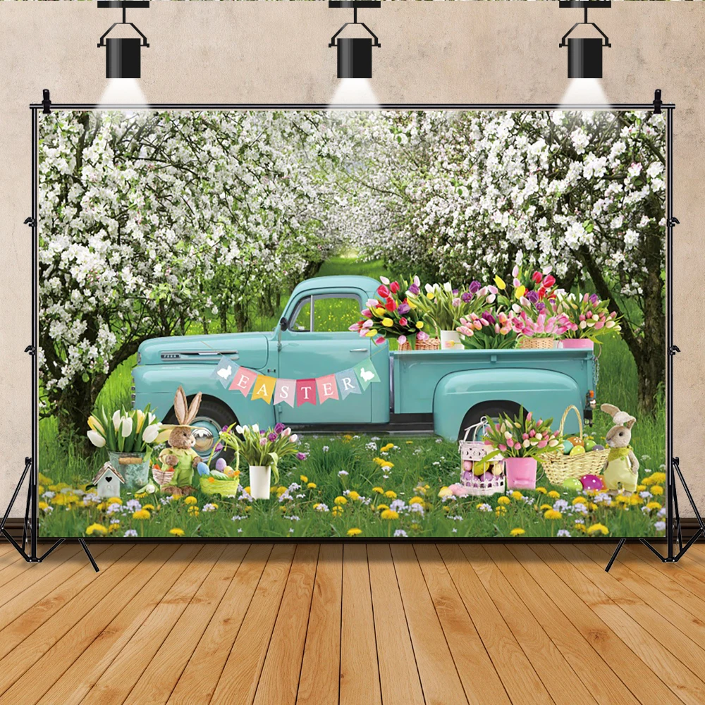 

Spring Easter Bunny Photography Backdrops Decoration Banners Green Forest Truck Grass Child Portrait Photo Background Photozone