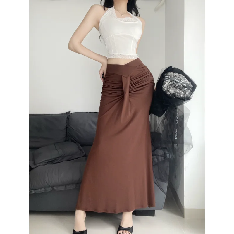 

Pure Desirable Hot Girl Design V-образной талией Плиссированная облегающая длинная юбка Женская утягивающая юбка Fi Tail f Body Повседневная полиэстеровая юбка...