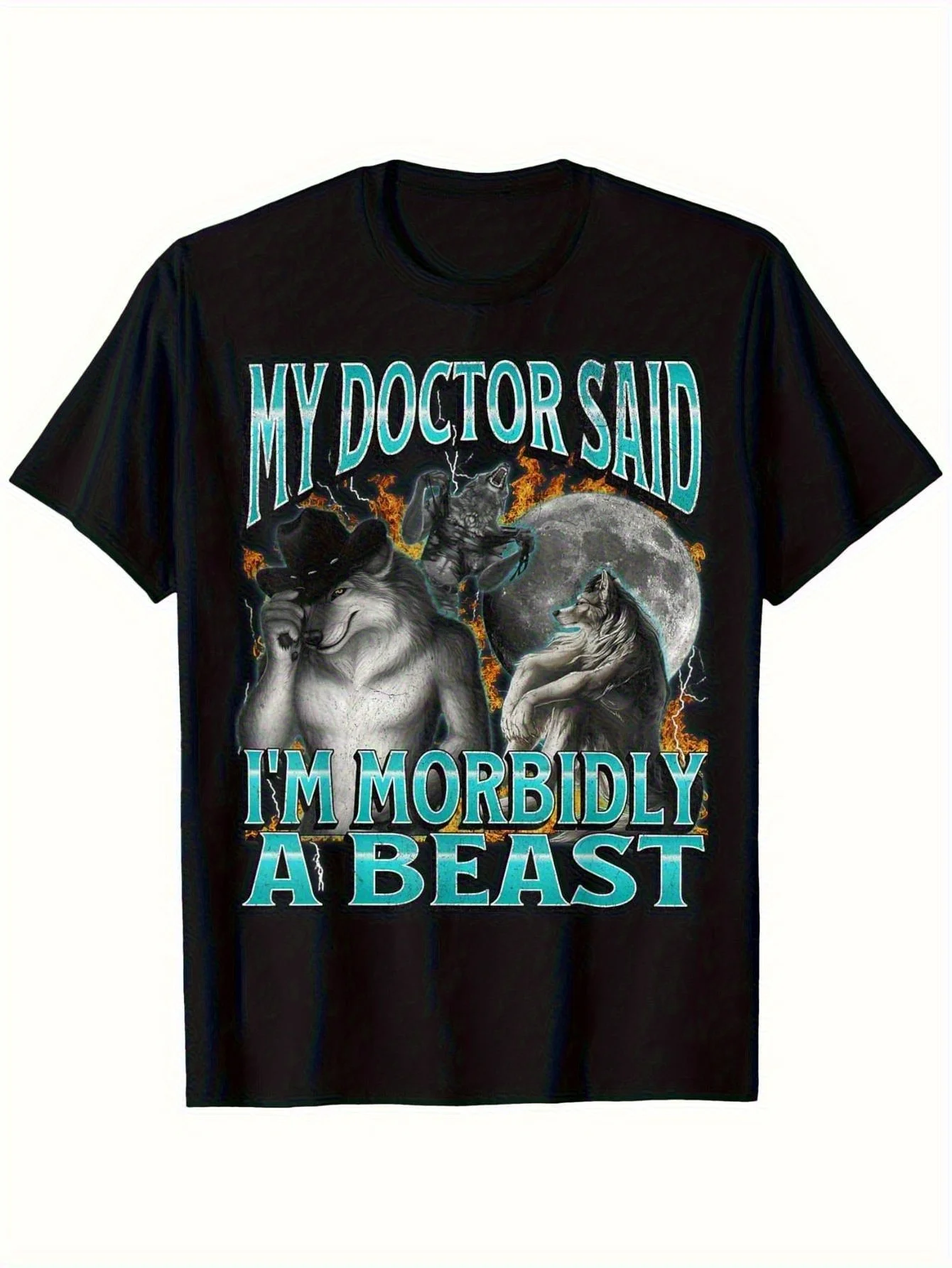 

Men'S Funny Werewolf Meme Shirt - "My Doctor Said I'm Morbidity" Graphic with Flame & Full Moon Design