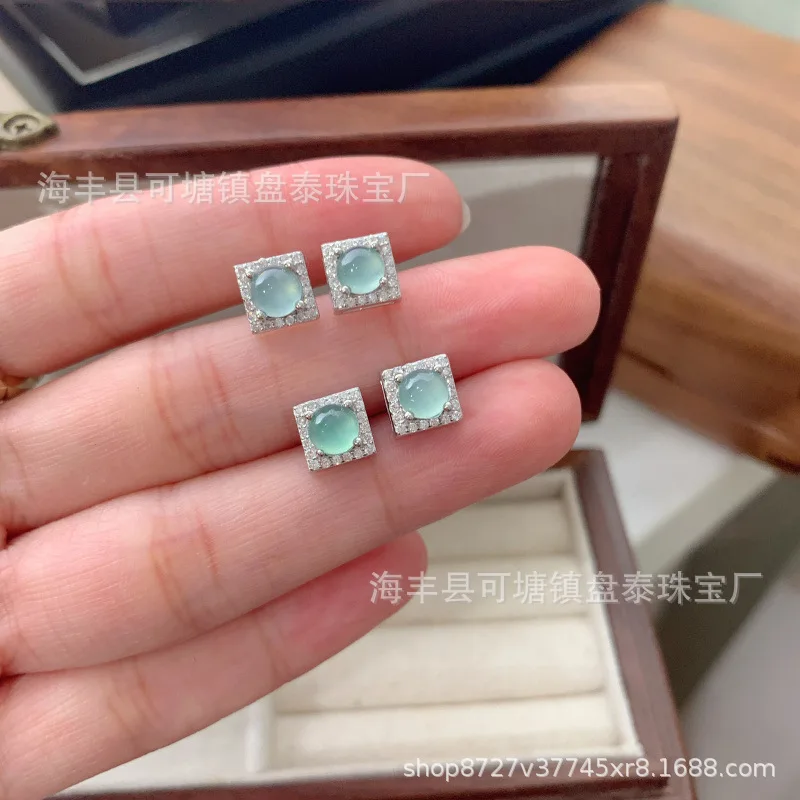 Natural dangerous material Blue Jade small Square stud earrings 925 silver inlaid