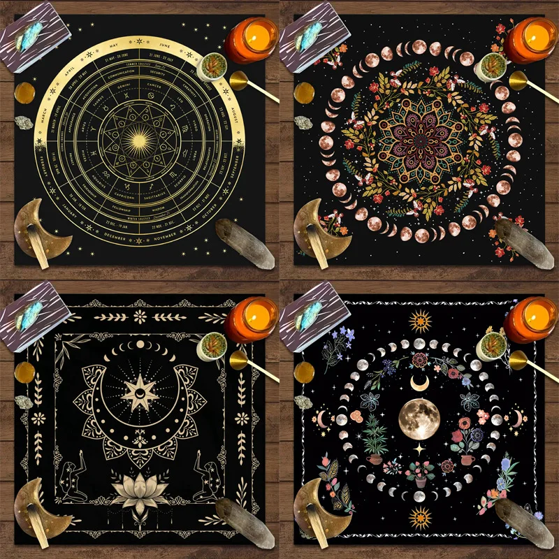 VIKAMA Mandala Blumen-Mondphasen-Tarotkarten-Altartuch, Bohemian Wind Altartuch, Geheimnisvolle Wahrsagerei Spezielle Tischmatte