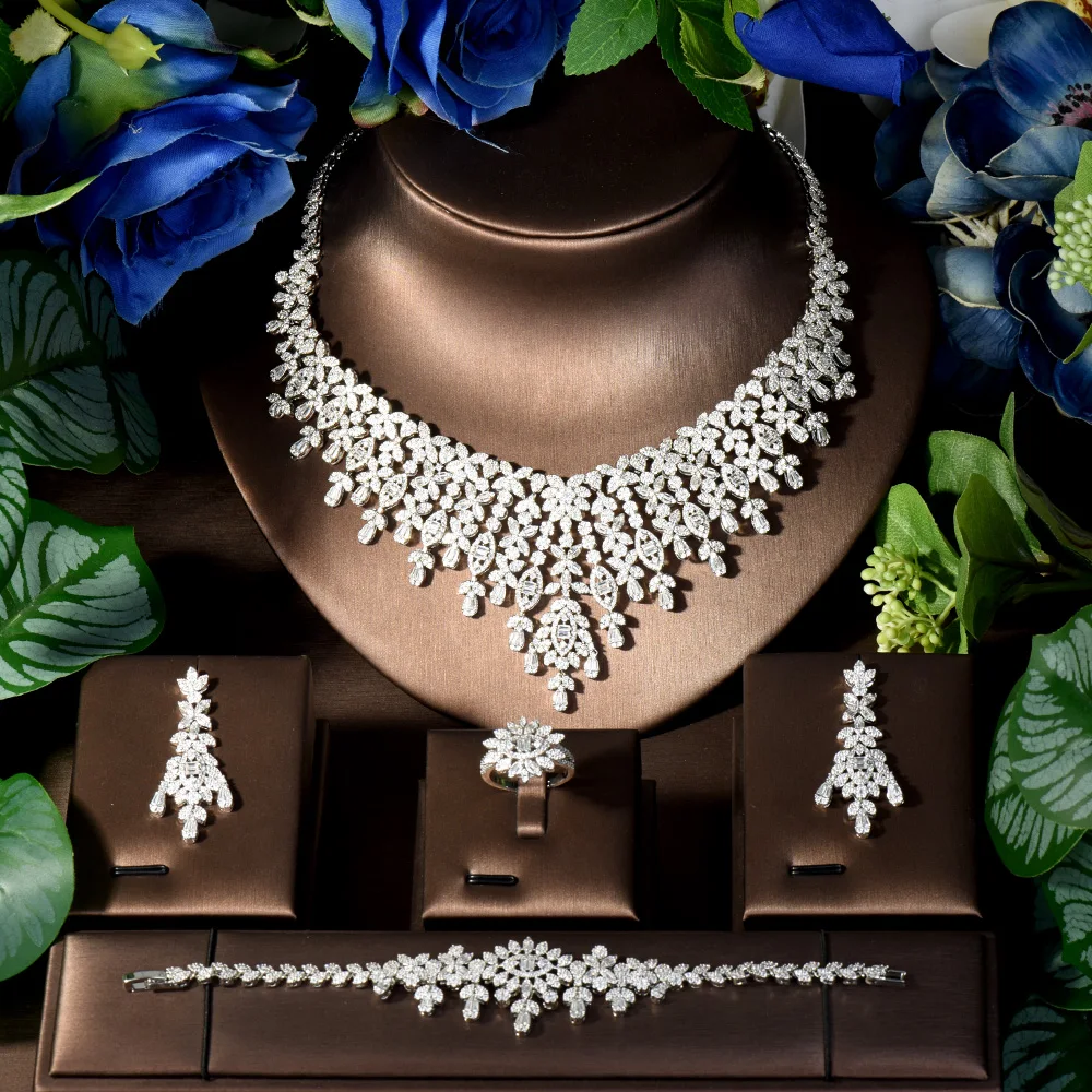 HIBRIDE Top Noble Jewellery Leaf Teardrop Necklace Earrings Zirconia Bridal Wedding Party Dresses Women's Accessories S-246