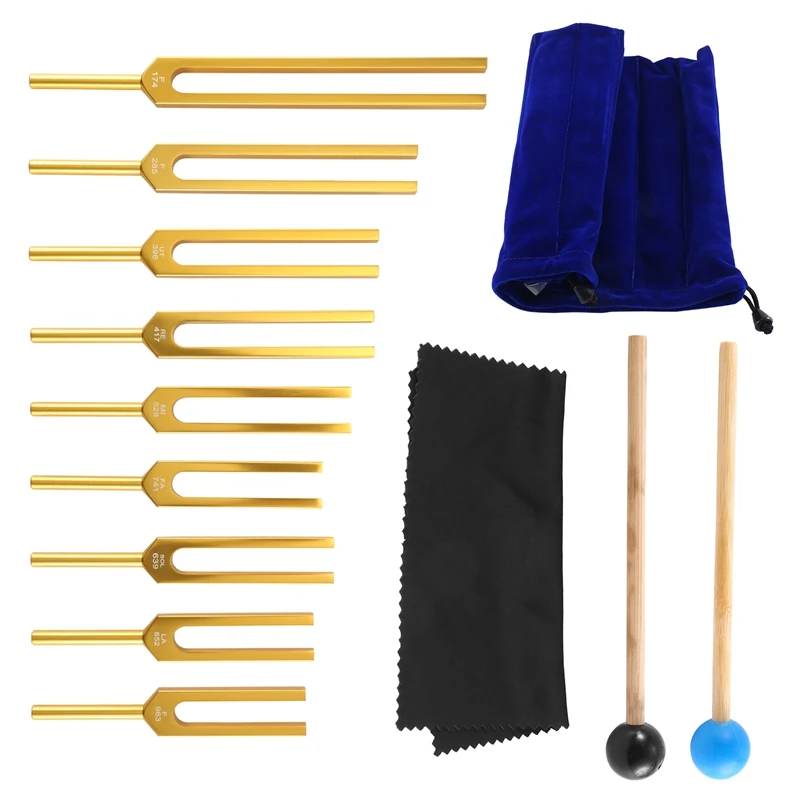 Tuning Fork Set - 9 Tuning Forks for Healing Chakra Sound Therapy Keep Body Mind and Spirit in Perfect Harmony- Gold