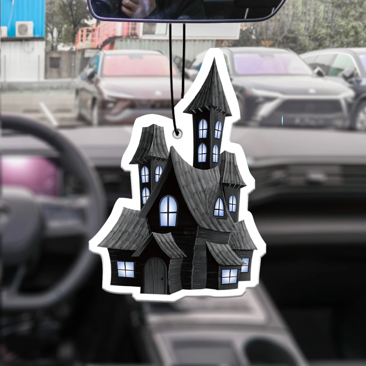 Halloween Haunted House Hanging Car Air Freshener, Natural Plant Extract Alcohol‑Free Scented Paper Card, 60‑90 Days Long Lastin