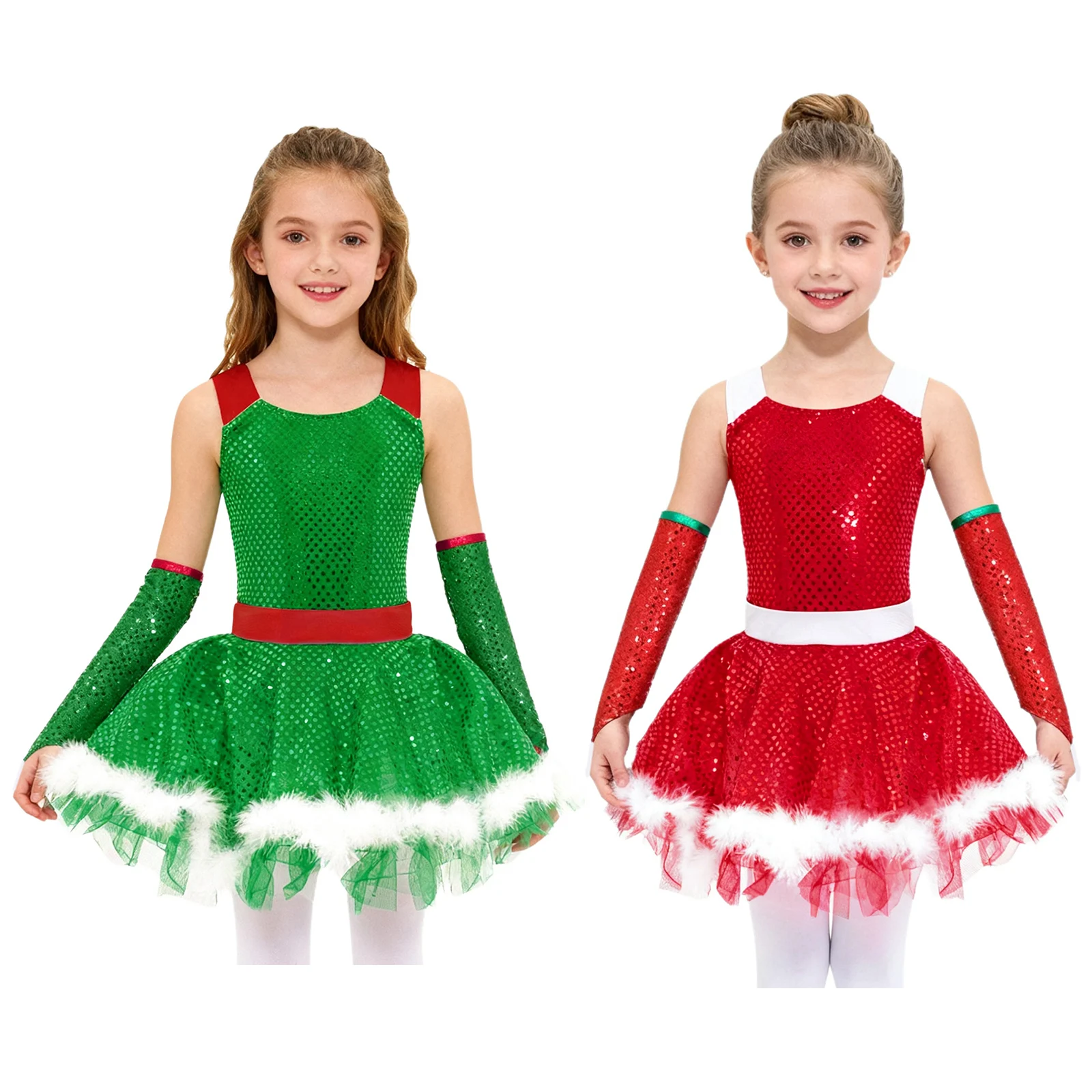 الفتيات عيد الميلاد قزم ثلج زي عطلة السنة الجديدة حفلة لامعة الترتر الباليه الرقص الشكل التزلج فستان ثياب بأكمام #5