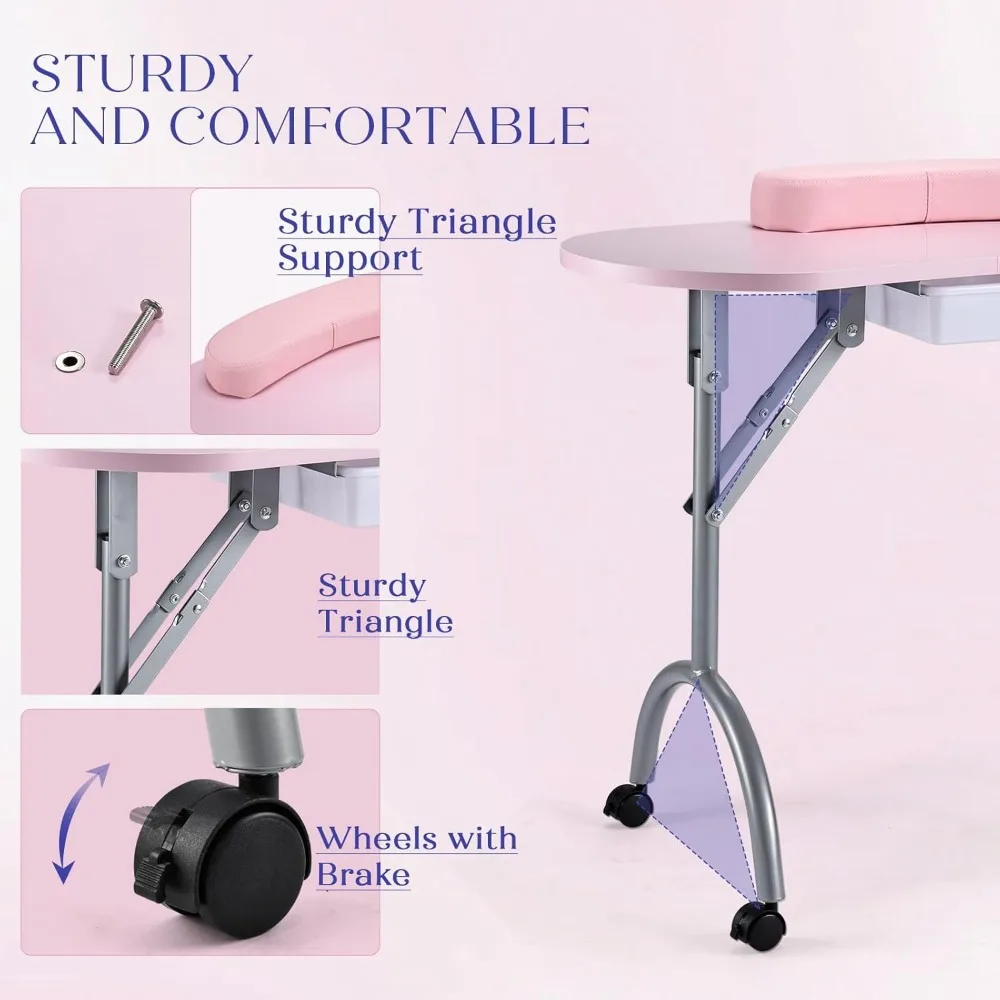 Table à ongles portable avec clous rpm, équipée de tiroirs et supports de poignet, et d'une station de travail à ongles à roues