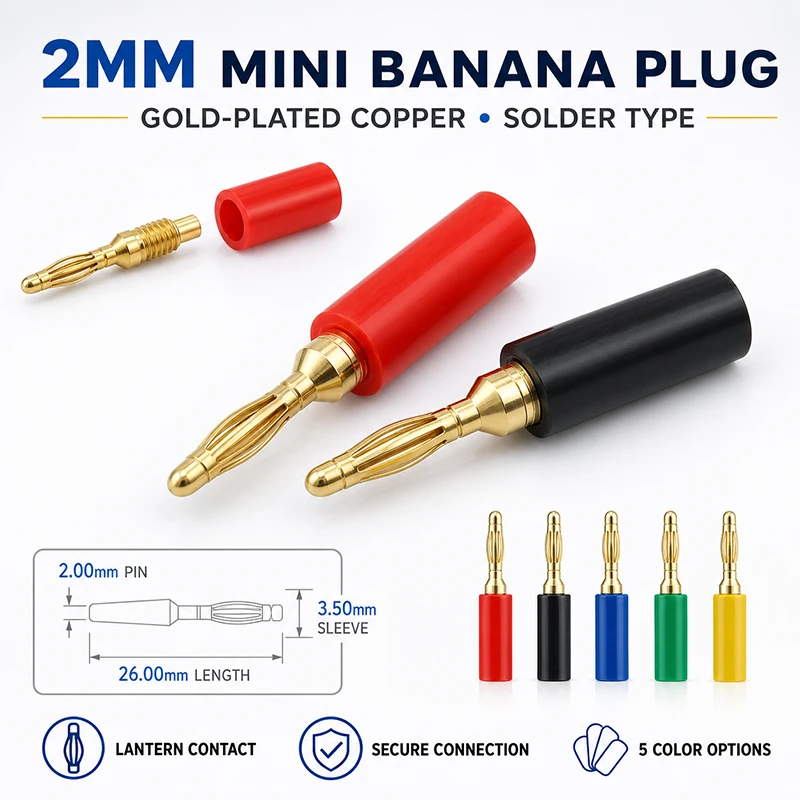 40Pcs 2mm Mini Banana Plug Socket Connectors 10A Pure Copper Test Probe Power Supply Terminals Red Black Green Assorted Colors