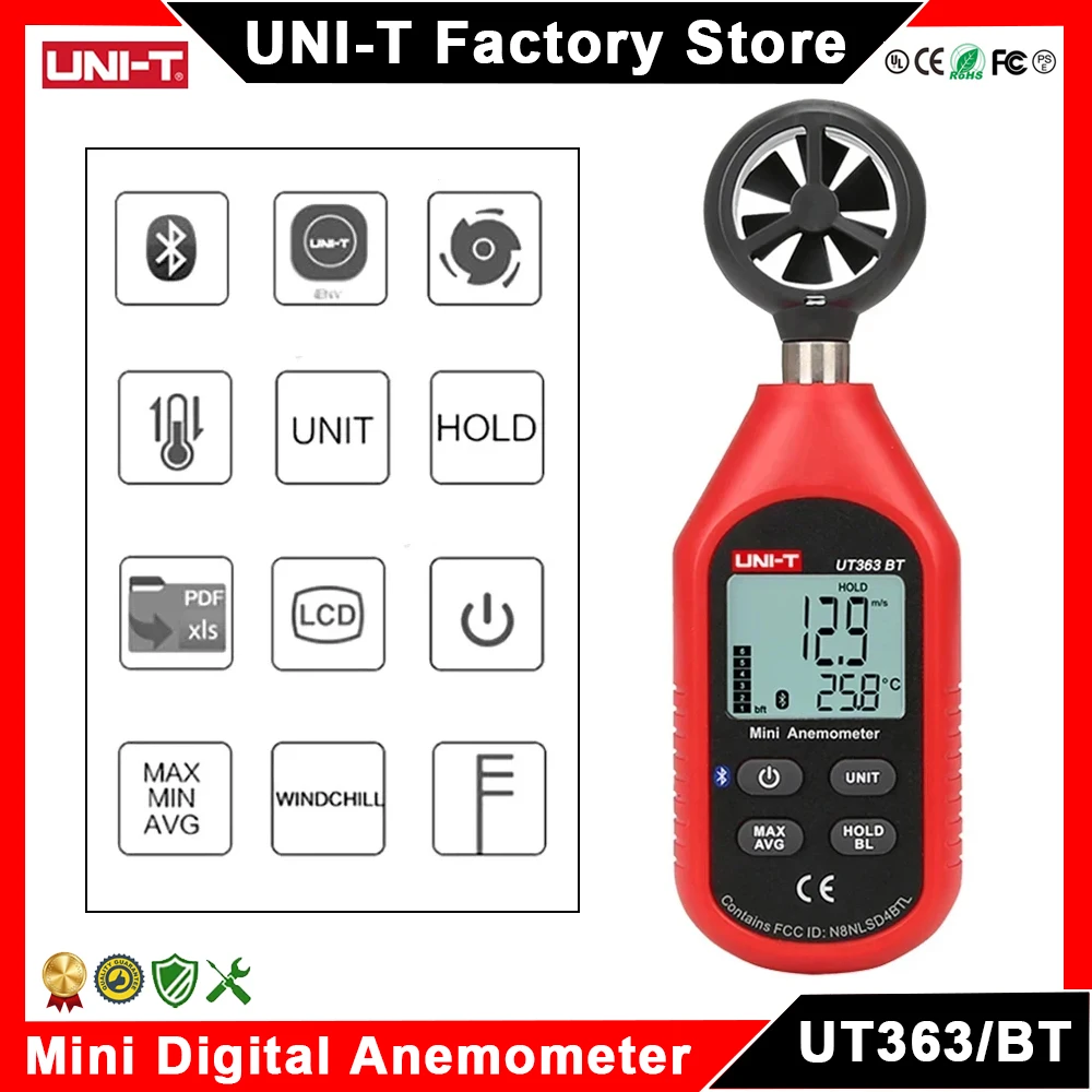 UNI-T UT363 UT363BT Mini Handheld Anemometer with Bluetooth Digital Wind Speed Measure Meter Temperature LCD Display