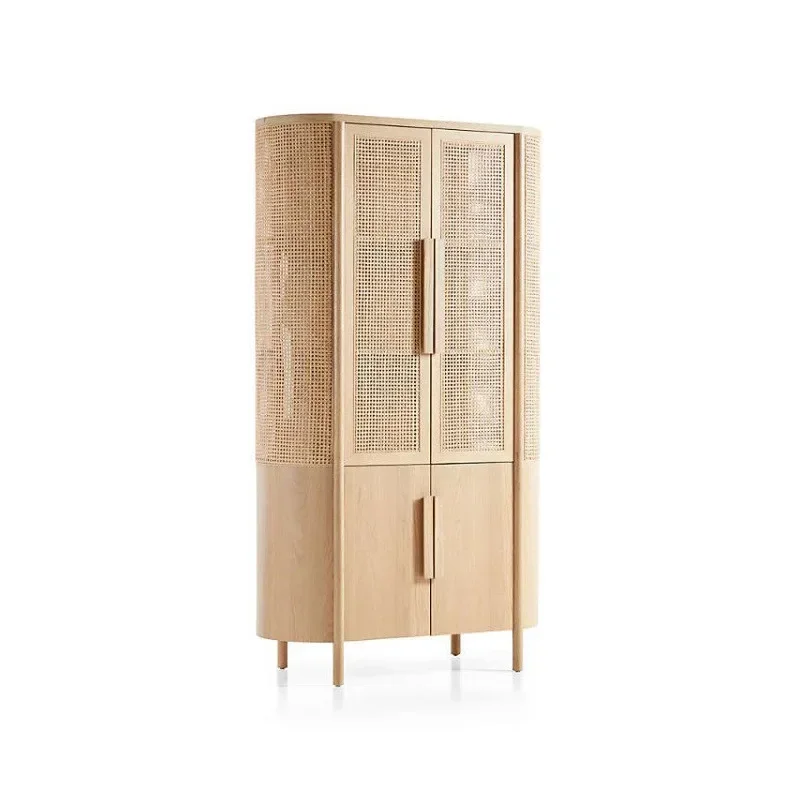 Japanese-style rattan solid wood dining side cabinet, home living room ins locker, retro simple tea cabinet
