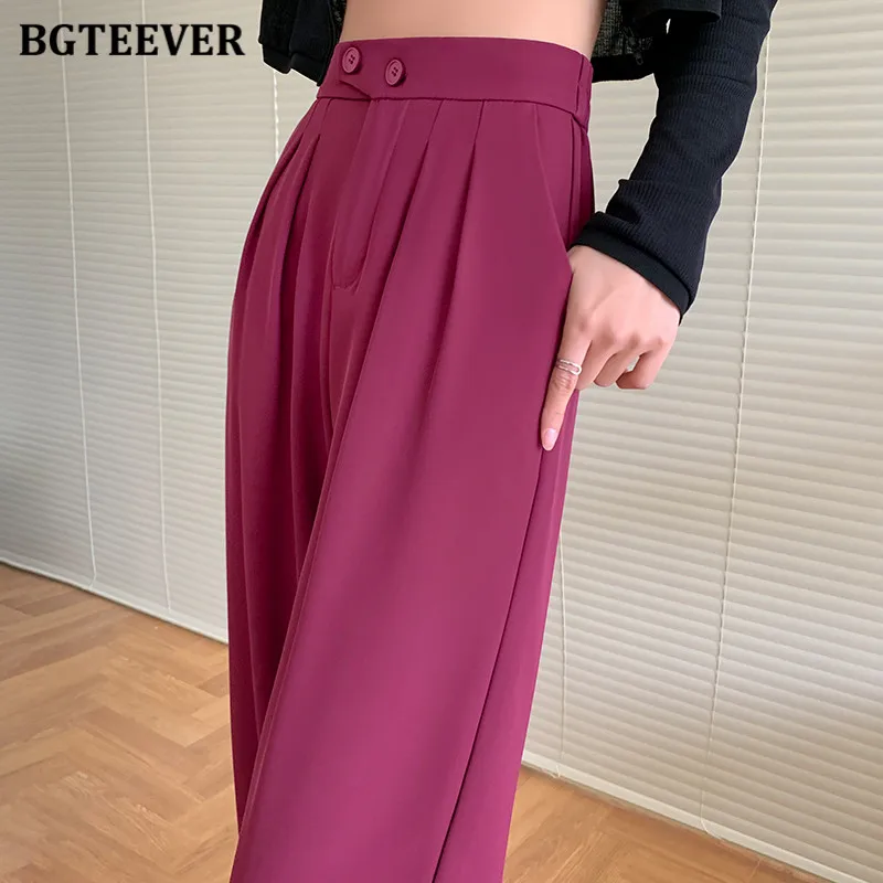 BGTEEVER Autumn Two Buttons Female Wide Leg Pants Pockets Straight Trousers for Women Elegant Solid Ladies Long Pants