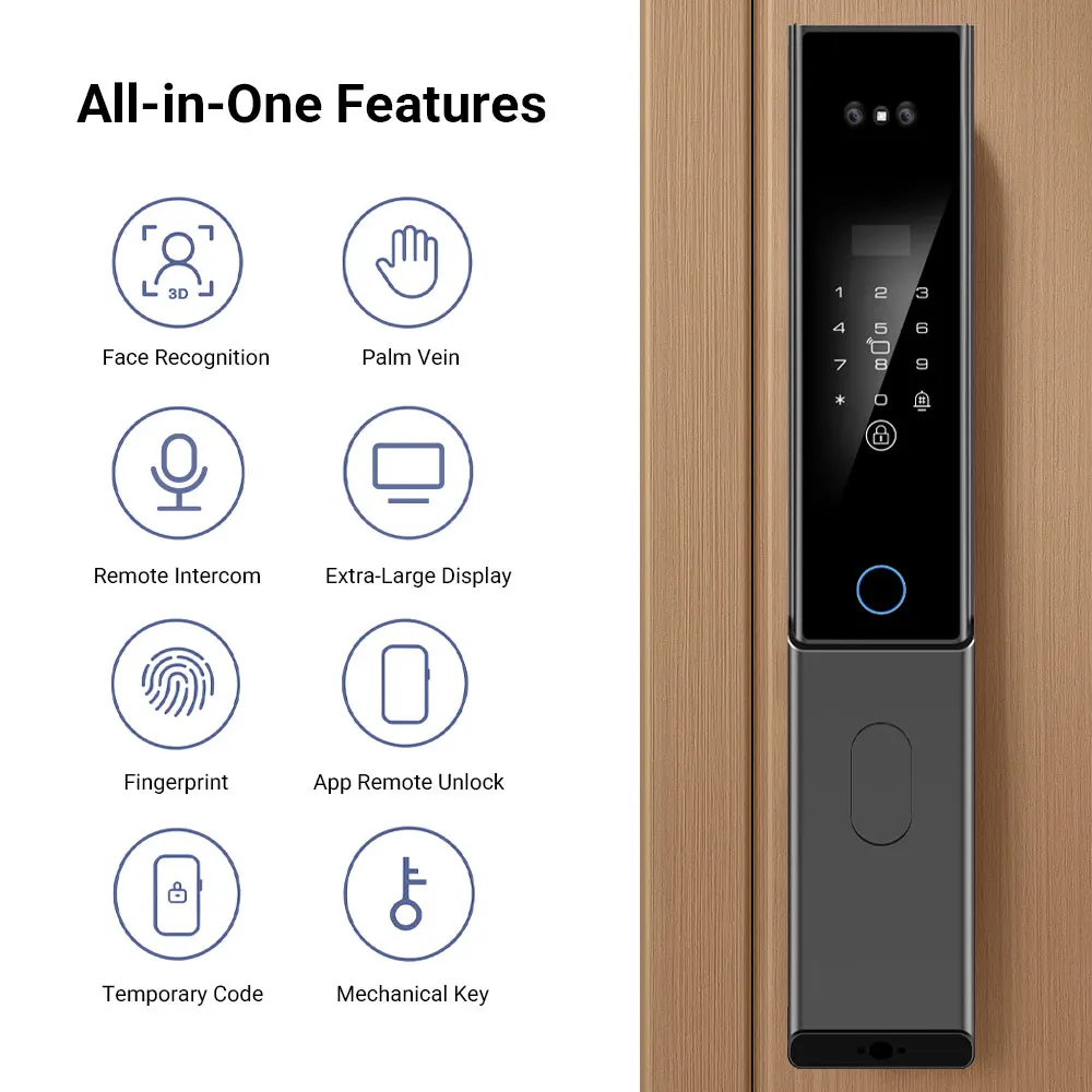 Tuya Wi-Fi Fully Automatic Door Lock, 3D Face Recognition Door Lock Supporting Two-way Video Intercom and Palm Vein Unlock