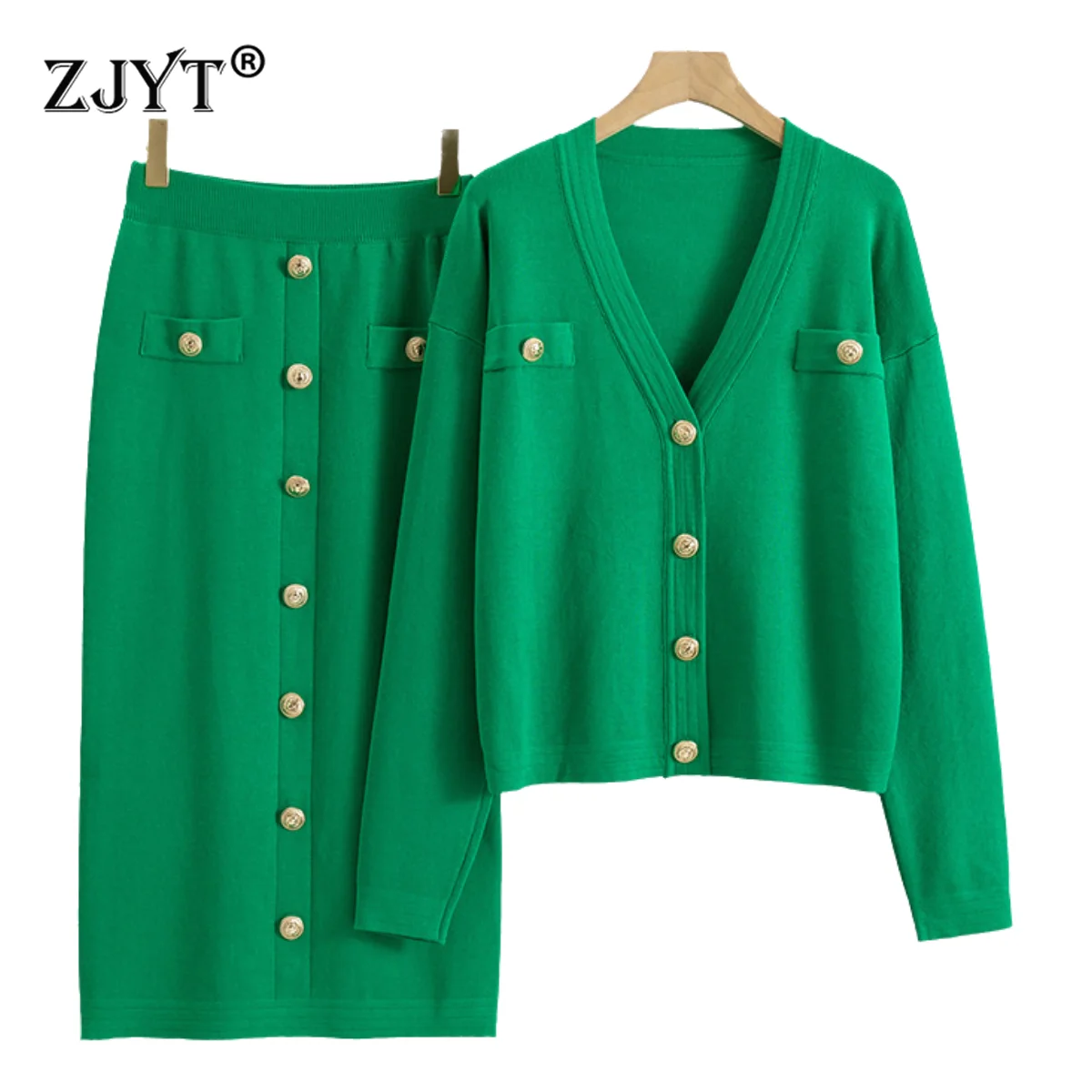 ZJYT Autumn Winter 2 Piece Set Knitted Suit Long Sleeve V Neck Cardigan Sweater Skirt Women Fashion Solid Casual Outfit Ladies