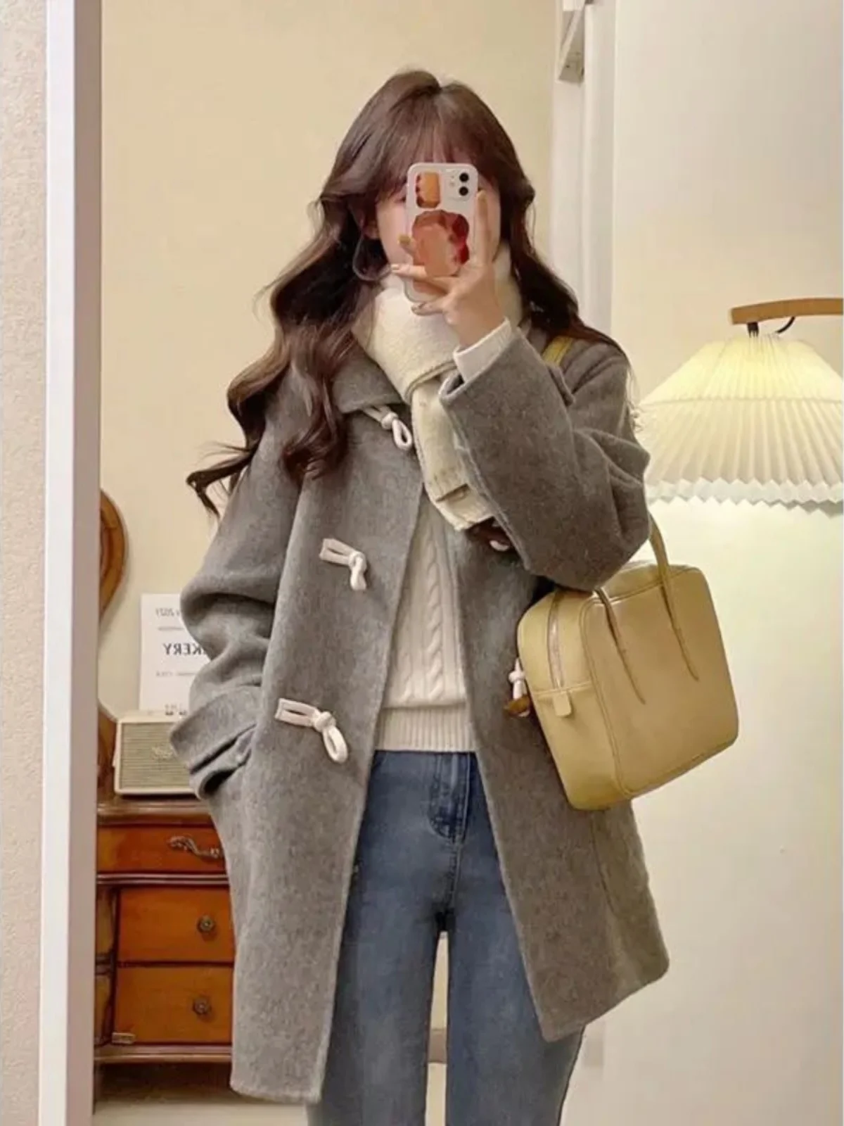 

Street Sle Pure Color Women's Jaet with Long kets Mid-Length Straight Cut Coat Button Closure Long Sve Flip Collar