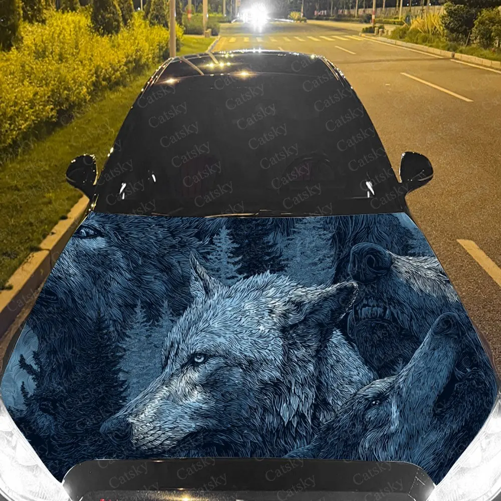 Car Decal Textural Artistic Design with Wolf Amidst Monochrome Blue-Hued Elements Car Hood Sticker, Waterproof Self - Adhesive P