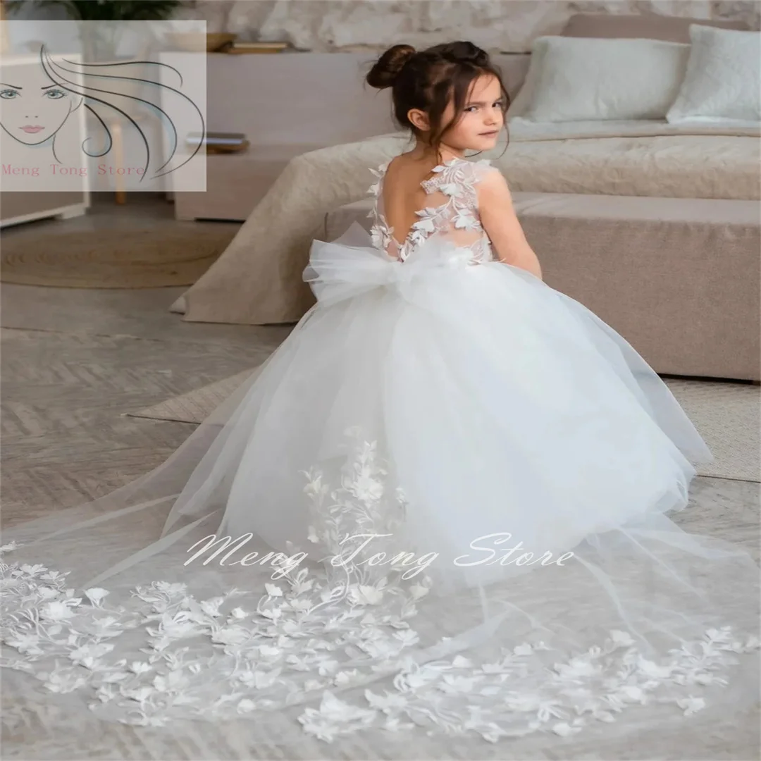 Flower Girl Dress Tulle Puffy Detactable Tail Sticker For Wedding Cute Princess Kids First Communion Birthday Dress