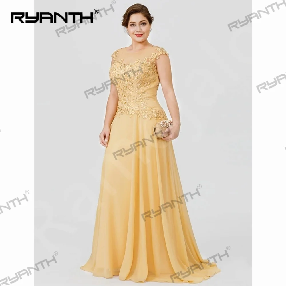 Long Mother Of The Bride Groom Dresses For Wedding Gold Chiffon Plus Size Lace Appliques Cap Short Sleeves Sheer Invitada Guest