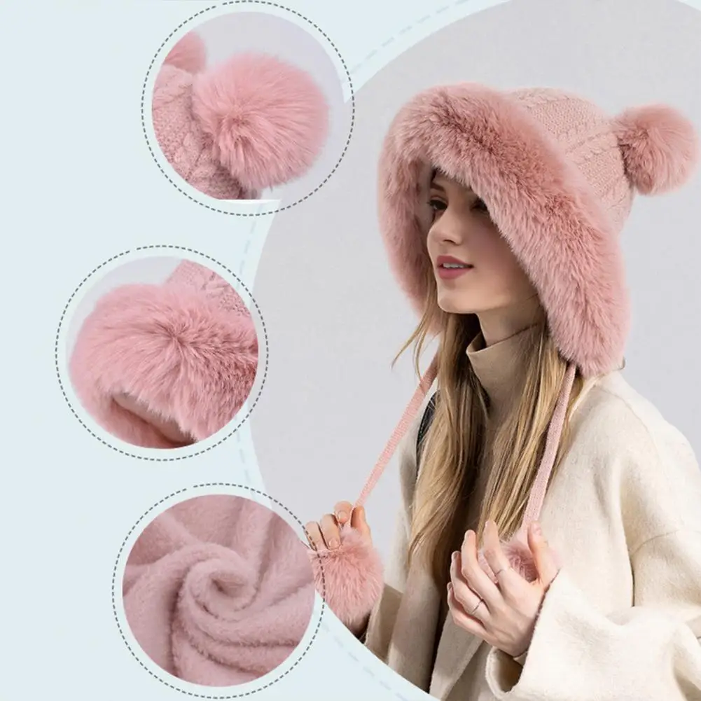 Women Pom Pom Hat Fluffy Plush Winter Ladies Hat with Heat Retention Ball Decor for Outdoor Activities Windproof Ear for Skiing