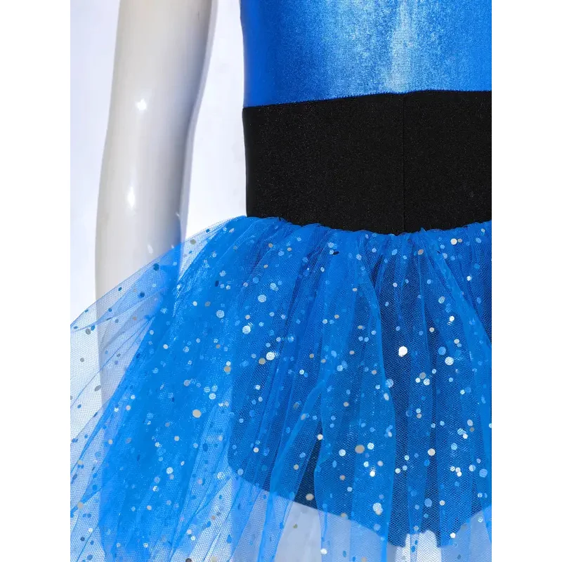 RT01 Kids Girls Alien Cosplay Costume Cheerleading Dance Dress Short Sleeve Shiny Spangles Tutu Leotard Halloween Party Danc&Gf1