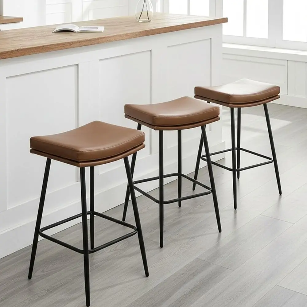 

26 inch Counter Height Brown Leather Bar Stools Set of 3, Backless Bar Stools or Kitchen Counter and Dining Room, Modern Kitchen