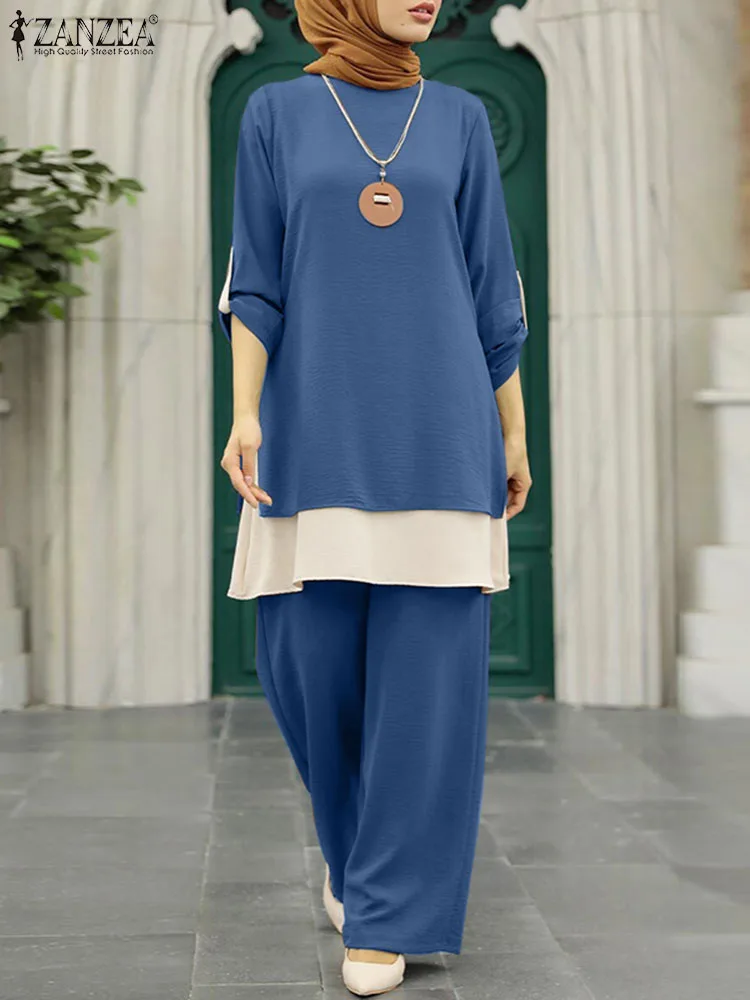 

2PCS Muslim Sets Women Causal Pants Sets Patchwork Blouse Suits ZANZEA Two Piece Sets Turkey Outfits Abaya Tracksuits 2023