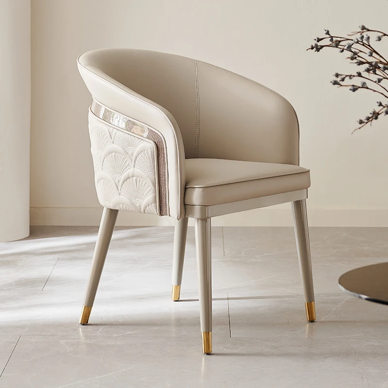ir-Modern Beige Wood Dining Chair with Fan Embroidery Back Baked Paint Wrapped Armrest for Apartment Villa Hotel Use-