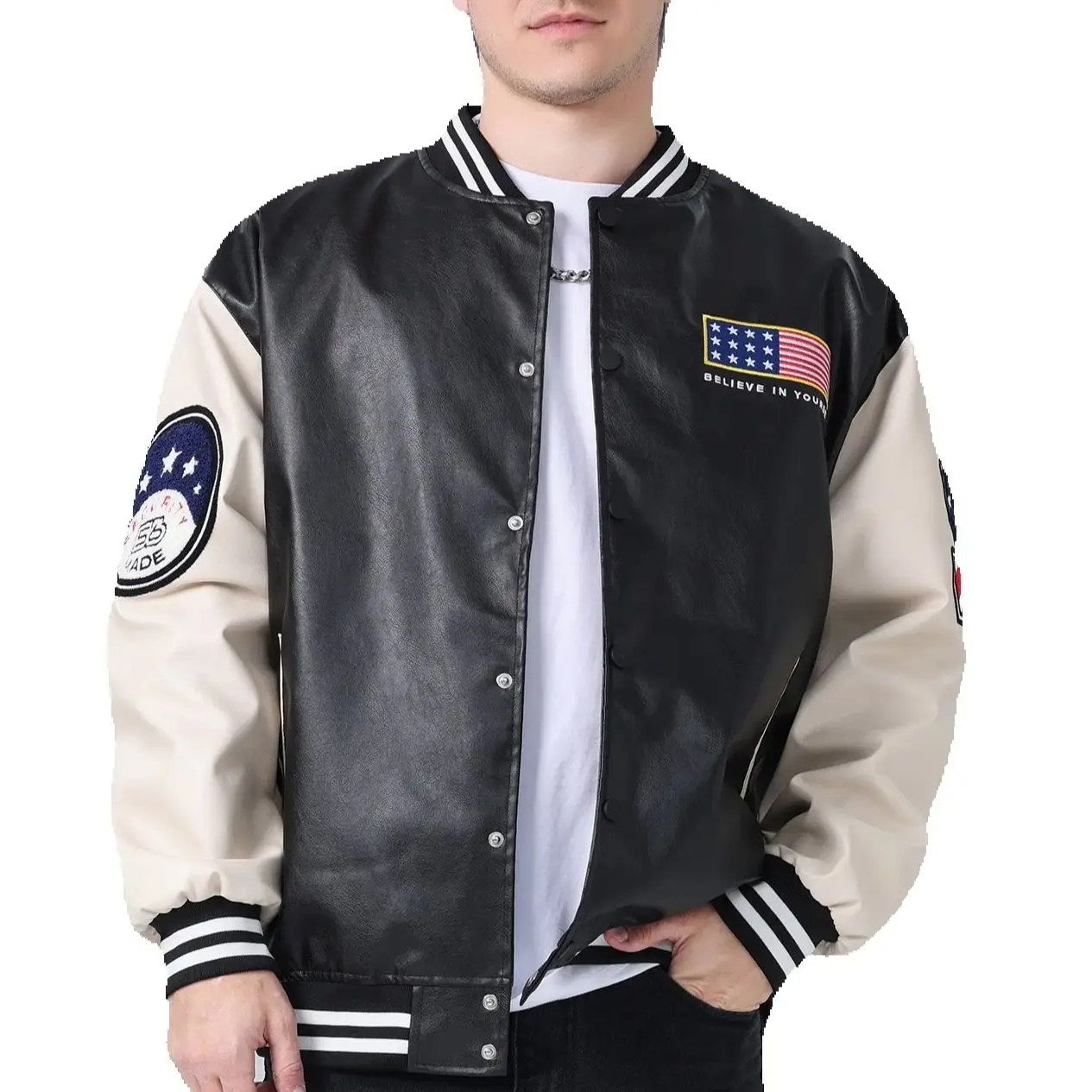 

Men's Patches PU Motorcycle Jacket, Loose Embroidery Biker Outerwear, Stars and Stripes, Varsity Baseball Coats