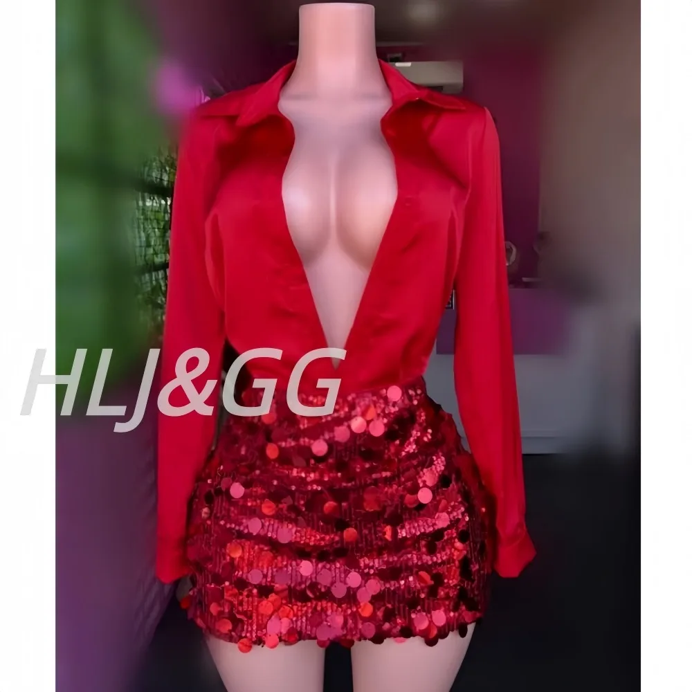 HLJ Women Red Deep V Long Sleeve Shirt Two Piece Outfit Glitter Big Sequin Skirt Matching Sets Fashion Nightclub Party Outfits