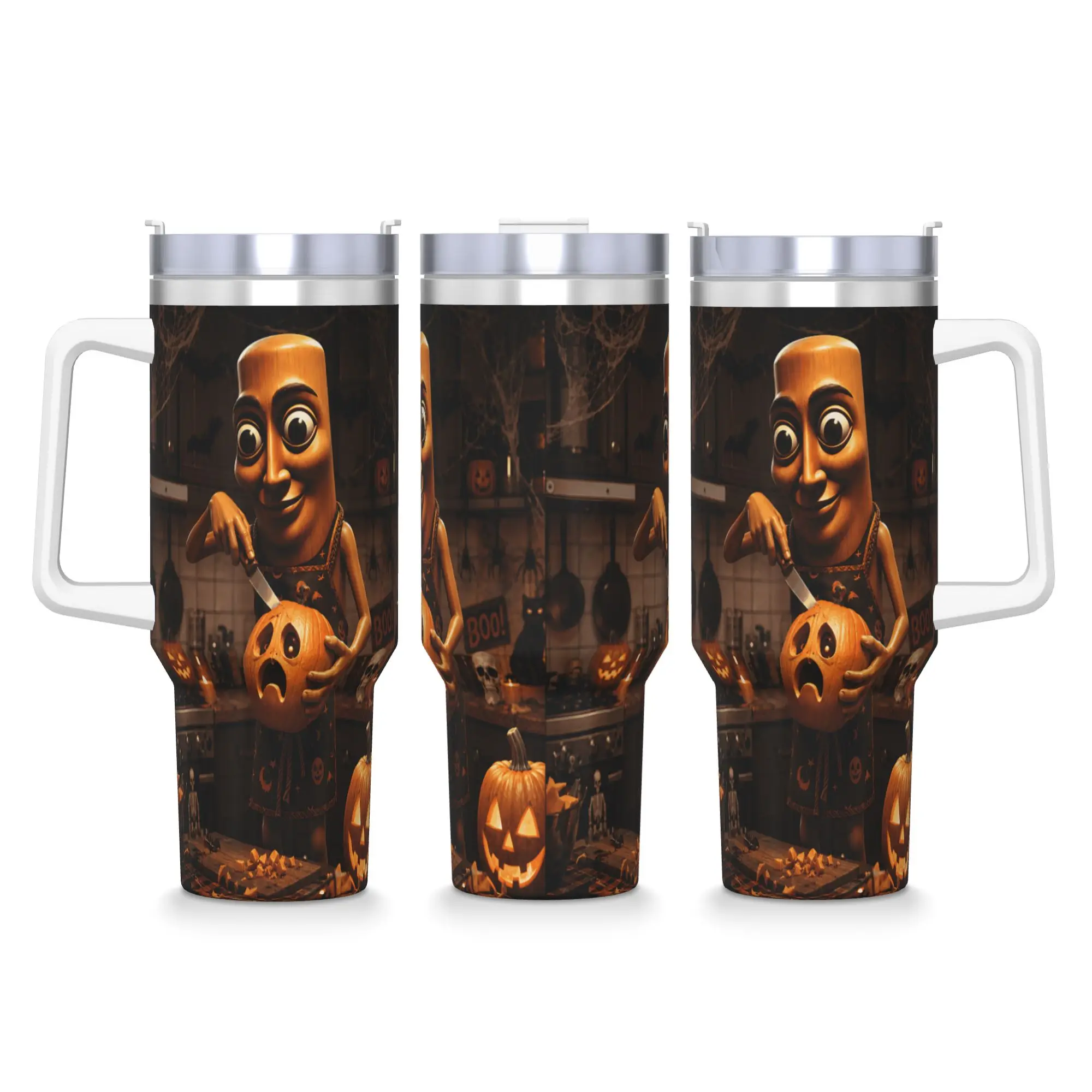Meme Tung Sahur Carving Spooky Pumpkin Halloween Scary Night Tumbler Cold and Hot Water Bottle Stainless Steel Thermal Mug